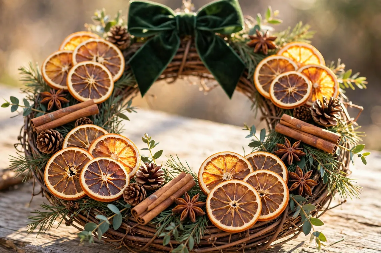 Dried-orange wreath with groups of dried orange slices, cinnamon sticks, star anise and pinecones on a grapevine base with a dark green velvet bow