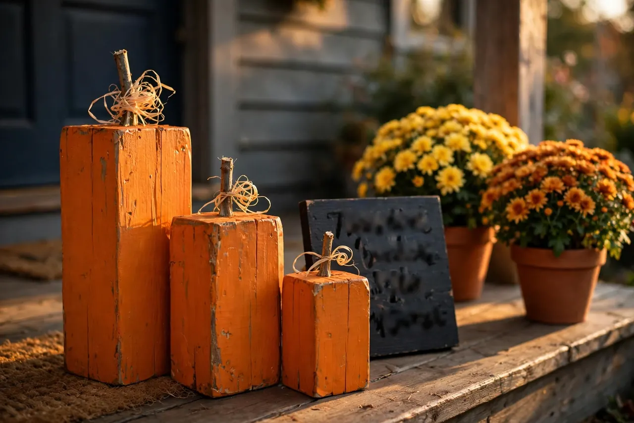 Orange-painted wood block pumpkins in three heights with a small hand-lettered mini sign on a front porch