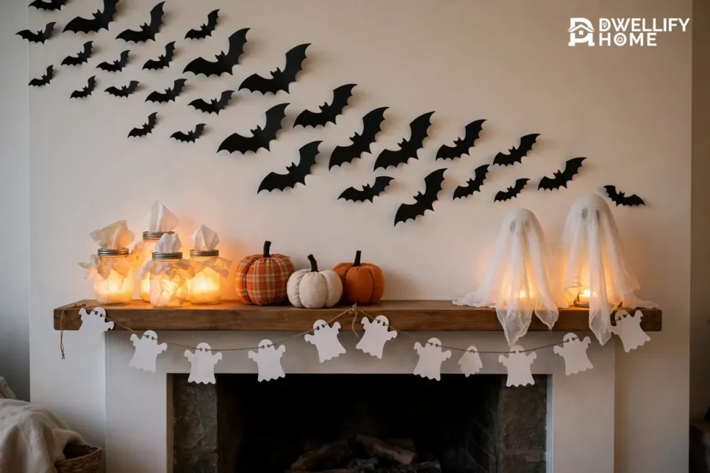 Halloween mantel decorated with a paper bat flock, ghost garland, glowing jar lanterns, fabric pumpkins and cheesecloth ghosts