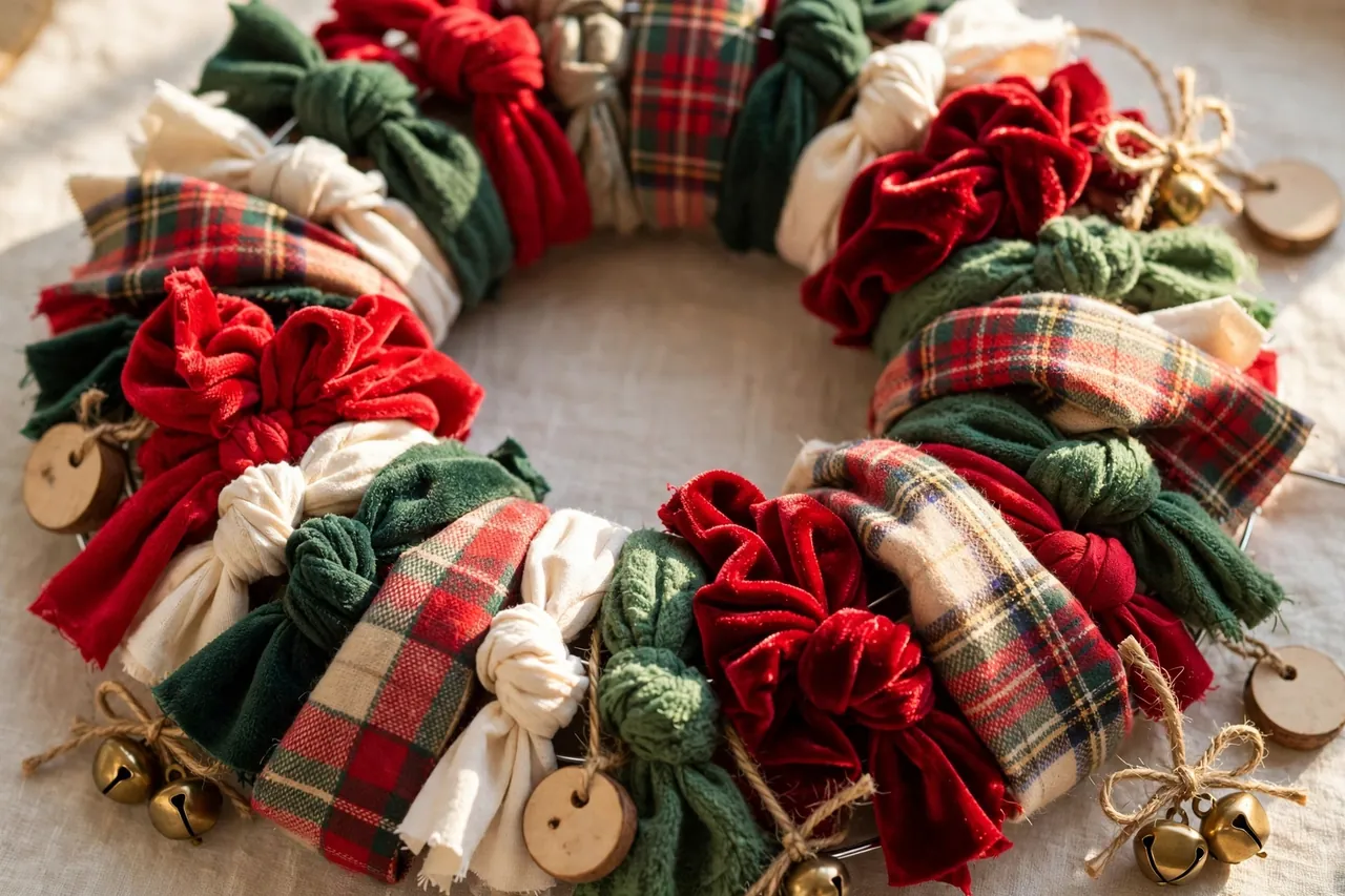 Fabric scrap wreath of knotted red, green, cream and plaid fabric strips tied around a wire frame, with small wooden ornaments and gold bells