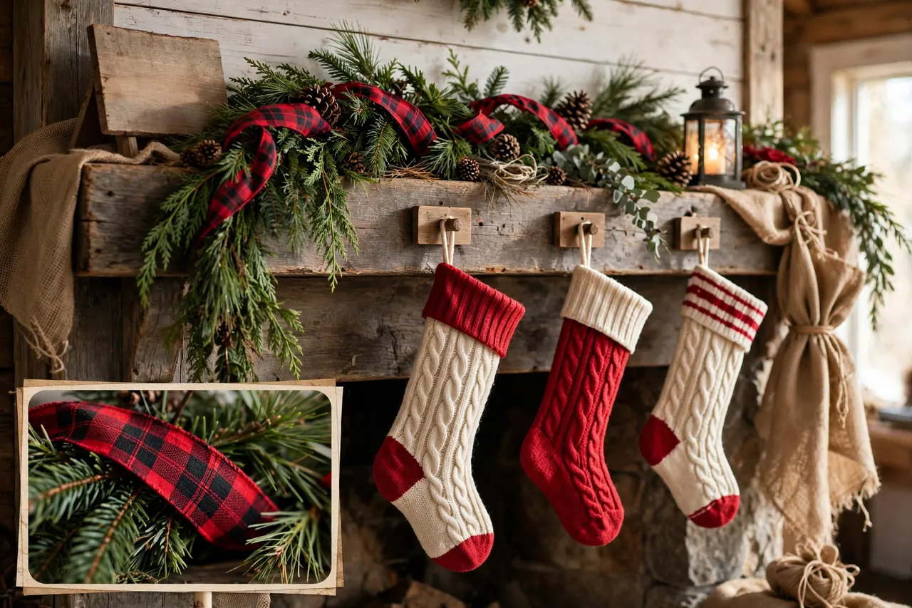 Farmhouse Christmas mantel with plaid ribbon woven through greenery, knit stockings, pinecones and a lantern