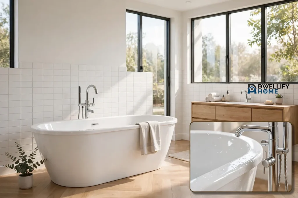 Bright modern bathroom with a new white freestanding tub and a tub-surface and faucet inset