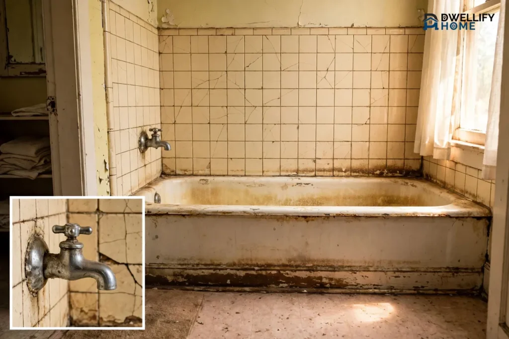 Dated bathroom with cracked tiles and worn tub and old tap, with a worn-tap inset