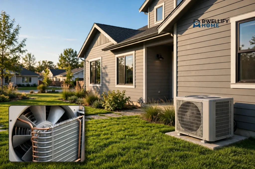 Outdoor air conditioner condenser unit beside a sunny mid-sized suburban home, with a magnified inset of the fan and copper coils in the bottom-left corner