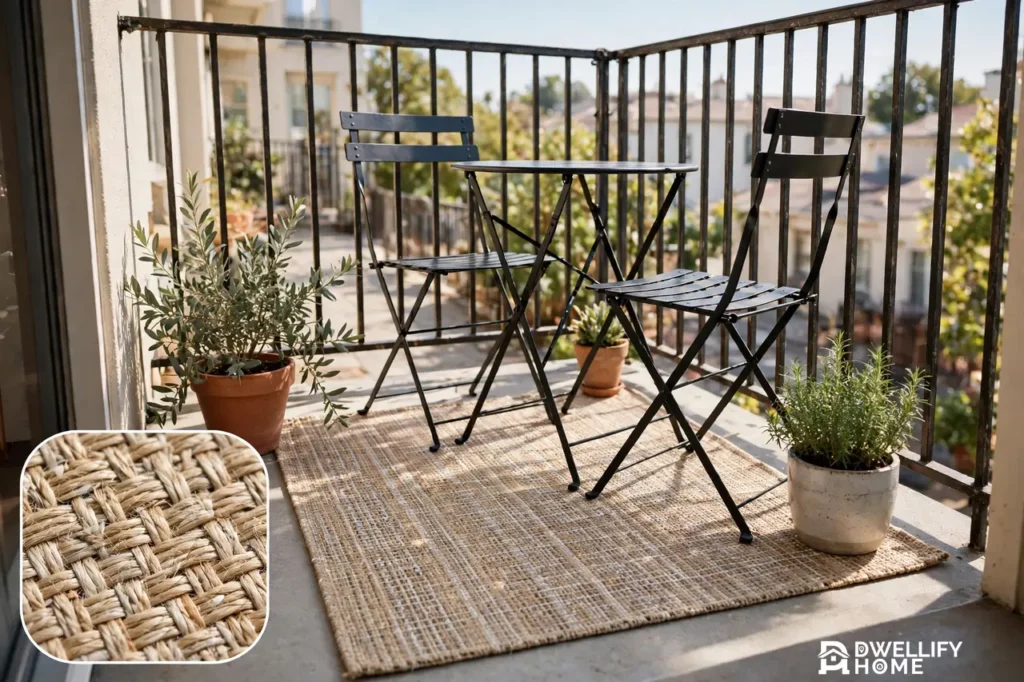 Small woven outdoor rug on a sunny balcony defining a bistro table and two chairs corner, with a close-up inset of the flatweave texture