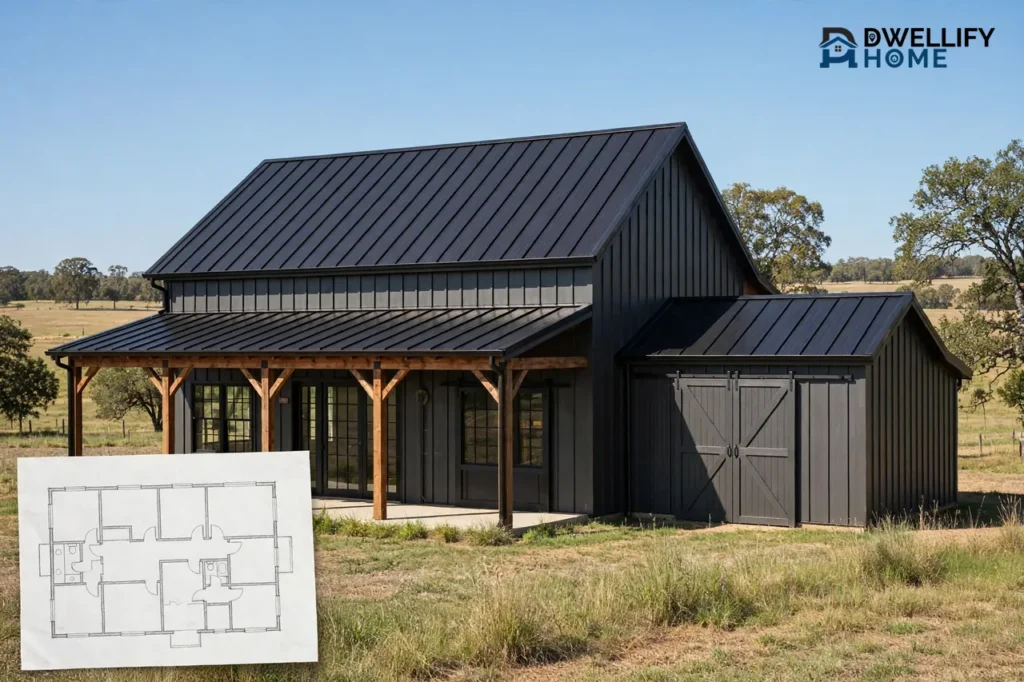 Modern dark barndominium exterior with metal roof, wide timber porch and barn doors in a rural setting, with a blank floor-plan sketch inset showing empty room outlines