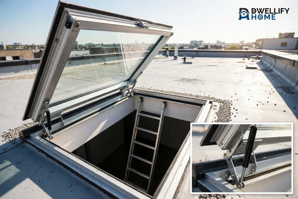 Glazed roof hatch shown open with a ladder through the opening, with a hinge and gas-strut inset