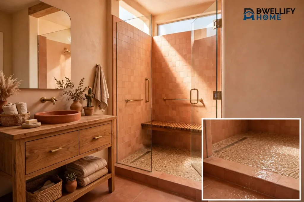 Warm terracotta tub-to-shower conversion with a wooden bench seat, grab bars and glass door, with a magnified shower-floor detail in the bottom-right corner