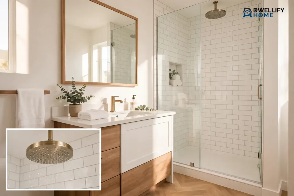 Bright freshly remodeled compact bathroom with white subway tile, glass walk-in shower and white wood vanity, with a small inset photo of the brushed gold rainfall showerhead