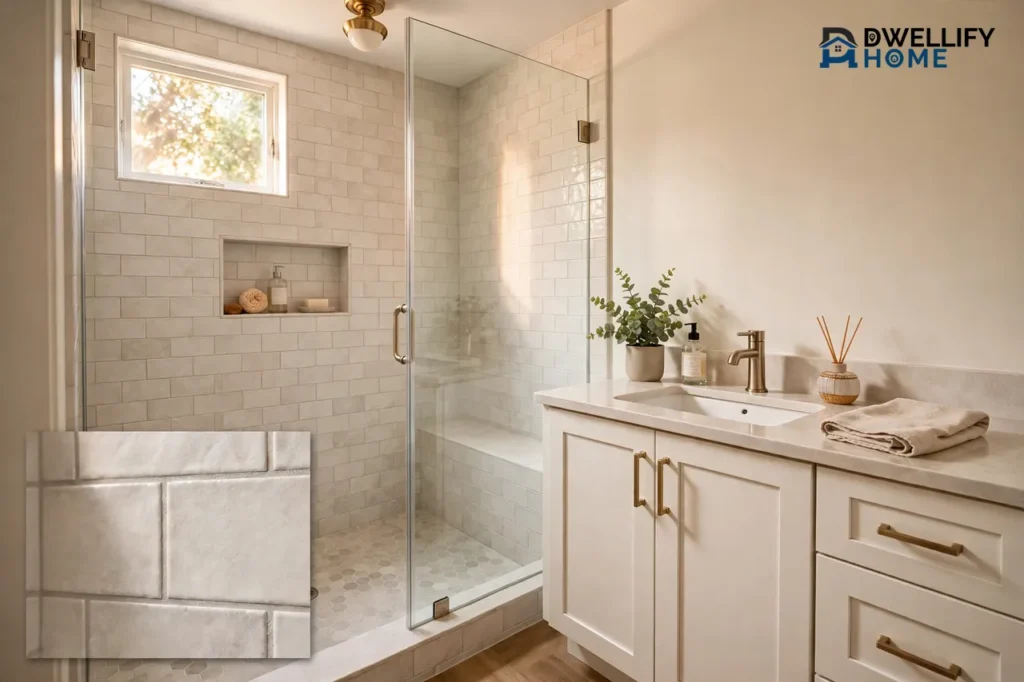 Bright finished compact bathroom with a glass walk-in tiled shower and white vanity, with a close-up inset of the shower wall tile finish