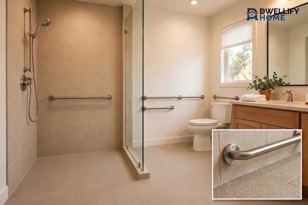 Accessible bathroom with walk-in shower grab bars raised toilet and non-slip floor, grab-bar inset