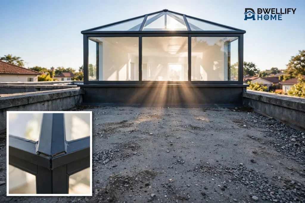 Raised rectangular glazed roof lantern on a flat roof, with an aluminium joint inset