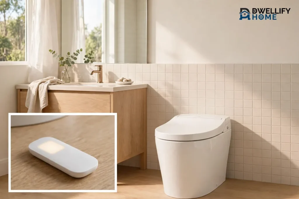 Modern white one-piece integrated smart toilet in a bright bathroom, with a blank glowing remote control shown in a close-up inset at the bottom left