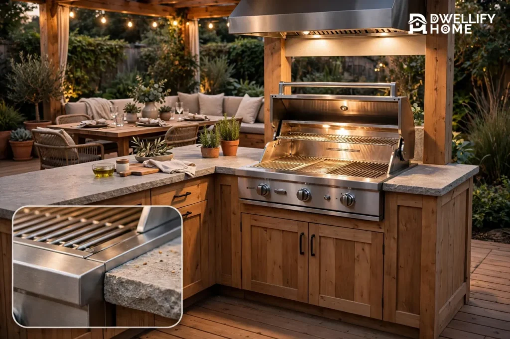 Built-in grill station integrated into a deck patio with countertop prep space and storage, with a built-in grill detail