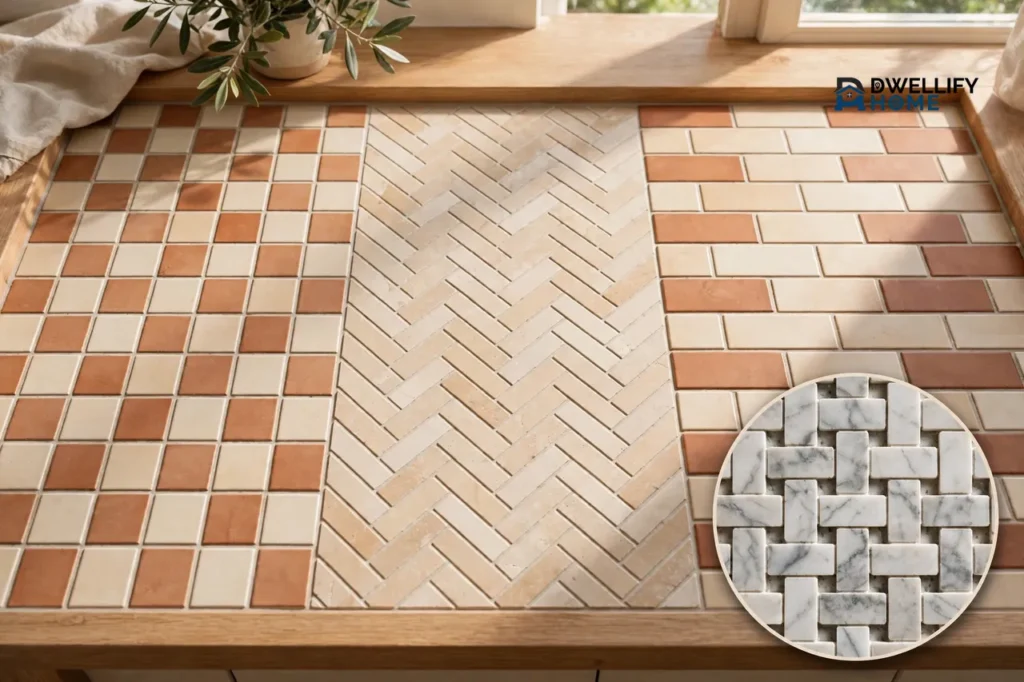 Tiled surface showing checkerboard herringbone and running bond patterns, basketweave inset