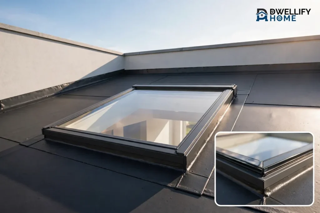 Low-profile flat skylight flush on a flat roof, with a frame and glazing inset
