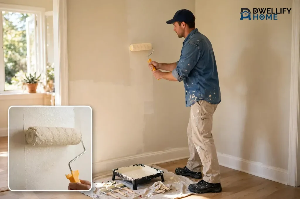 Painter rolling a wall in a bright room with tray and drop cloth, roller on wall inset