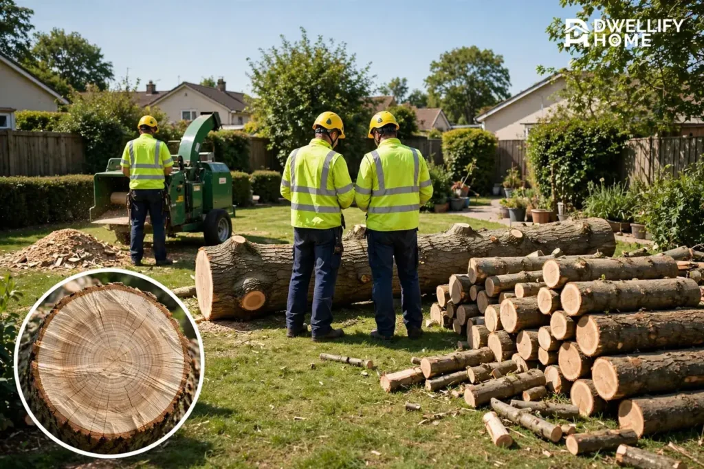 Ground-level tree crew with chipper, stacked logs and felled trunk, with a cut-trunk inset