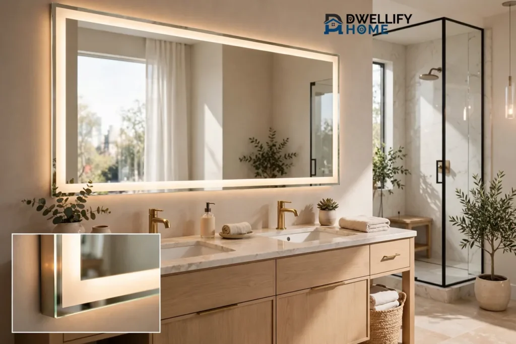 Bright modern bathroom with a large rectangular LED-lit mirror glowing above a double basin vanity, with a bottom-left close-up inset of the mirror's glowing LED edge