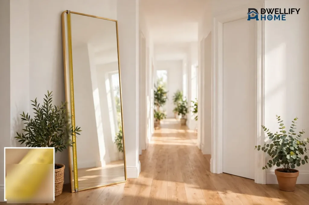 Tall full-length mirror beside a tall interior door frame in a bright hallway with a measuring tape along the mirror edge, with a blurred close-up inset of the tape showing no readable numbers