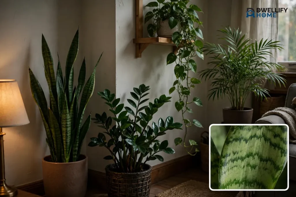 Dim corner made lively by snake plant, ZZ plant, trailing pothos, and palm under warm lamp light, with a snake-leaf inset