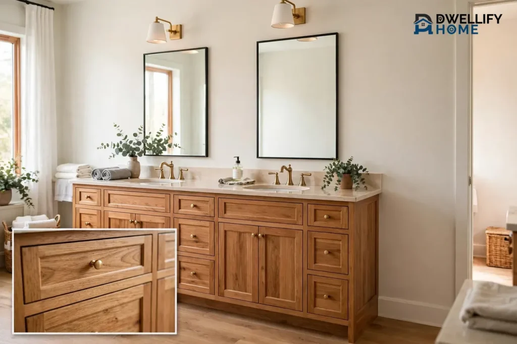 Wide natural wood double-sink bathroom vanity with two mirrors, brass faucets and drawers, with a magnified close-up inset of the wood grain and drawer front in the bottom-left corner