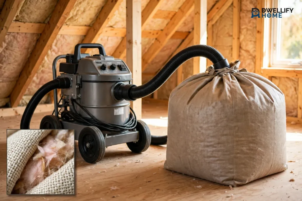 Professional insulation vacuum in a bright attic beside a large plain heavy-duty collection bag, with a bottom-left magnified inset of the tough woven bag fabric holding insulation fibres
