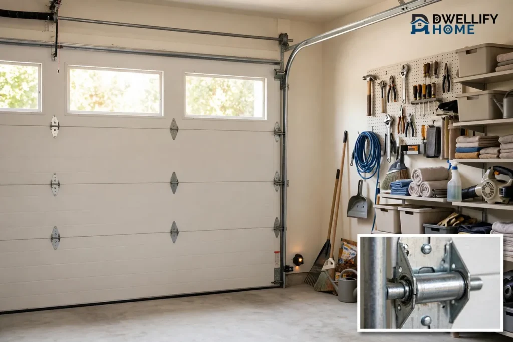 Sectional garage door with tracks, hinges and spring shaft, roller and track assembly inset