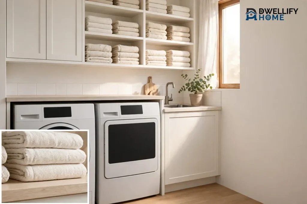 Bright renovated laundry room with washer and dryer under a folding counter, cabinets and folded towels, with a close-up inset of towels and countertop