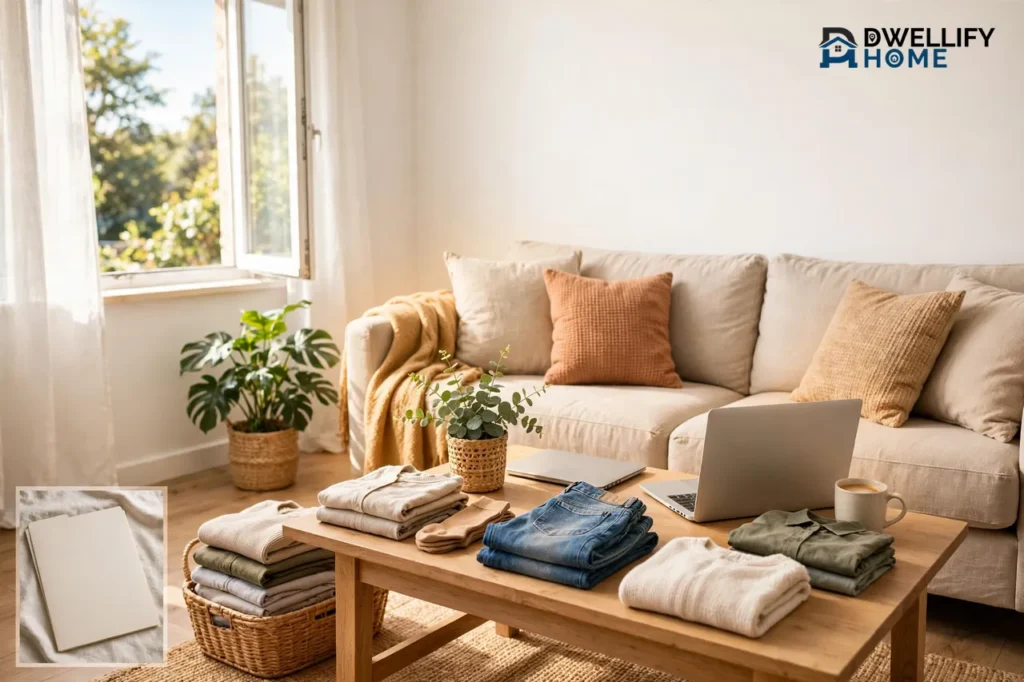 Cozy rented apartment living room with sofa, laptop and folded clothes, with a blank policy folder