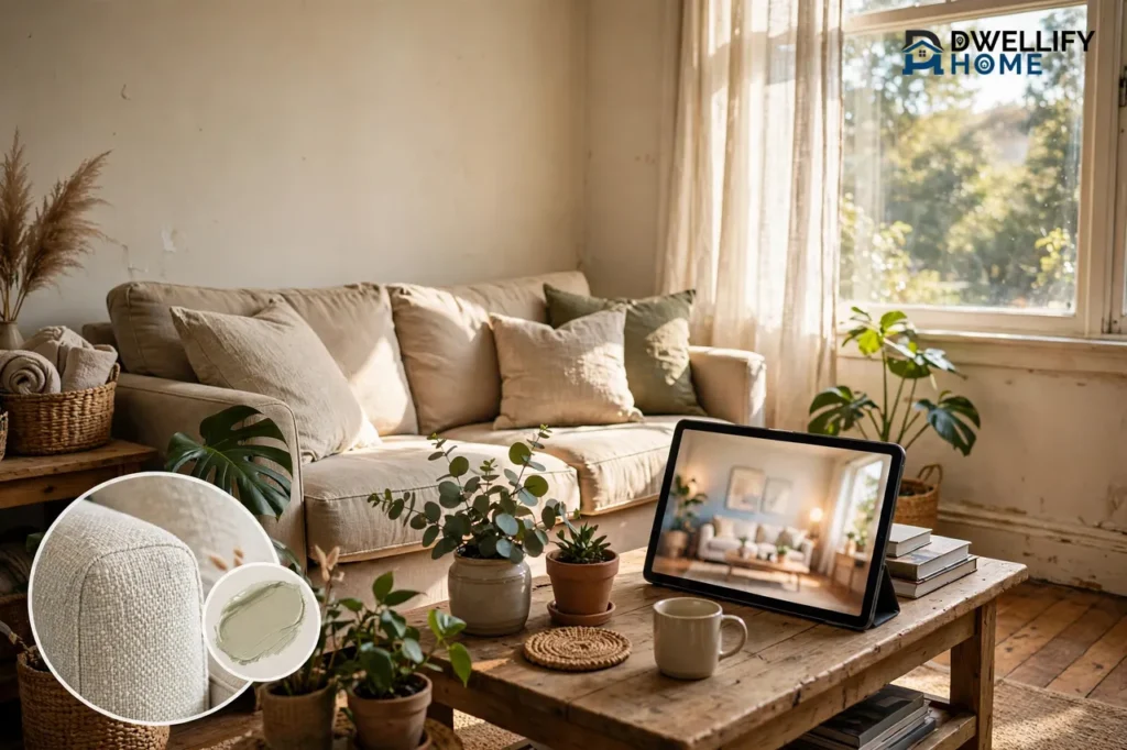 Sunlit living room with a tablet showing a softly blurred redesigned room, sofa fabric and paint swatch inset