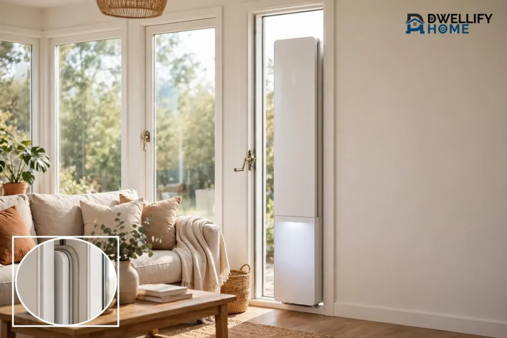 Tall narrow vertical air conditioner in a crank-out casement window opening