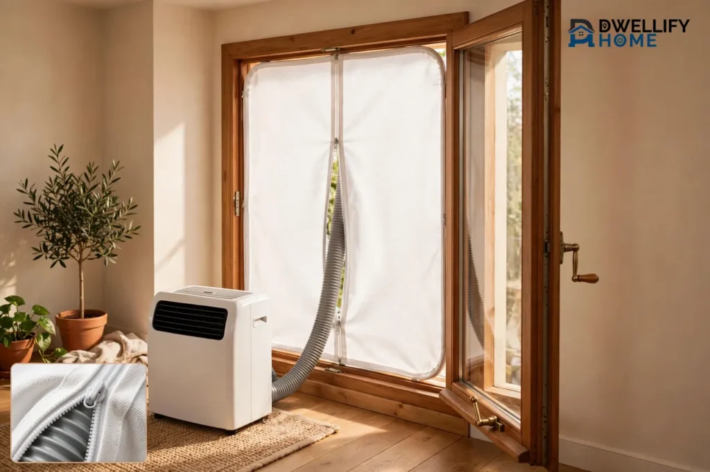 Portable air conditioner vented through an outward-swung crank window with a fabric zip-seal