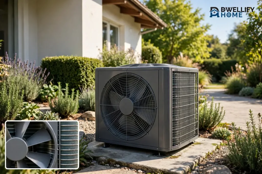 Outdoor condenser unit with fan and coil grilles in a bright garden setting