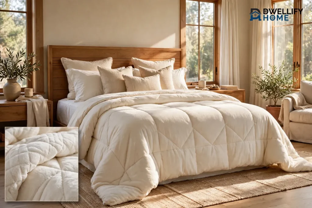 Very large bed fully dressed with an oversized cream comforter draping generously to the floor, with a magnified inset showing the quilted comforter fabric