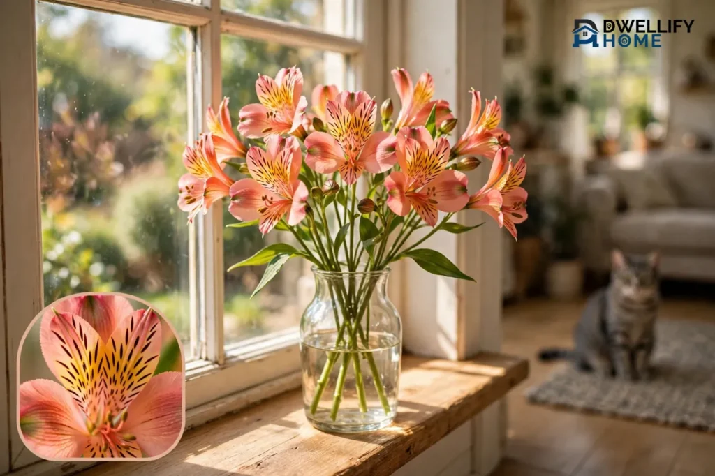 A glass vase of pink and orange spotted alstroemeria Peruvian lily blooms on a sunny windowsill, with a grey tabby cat sitting at a distance on a rug in the background and a close-up inset of one spotted petal at the bottom left