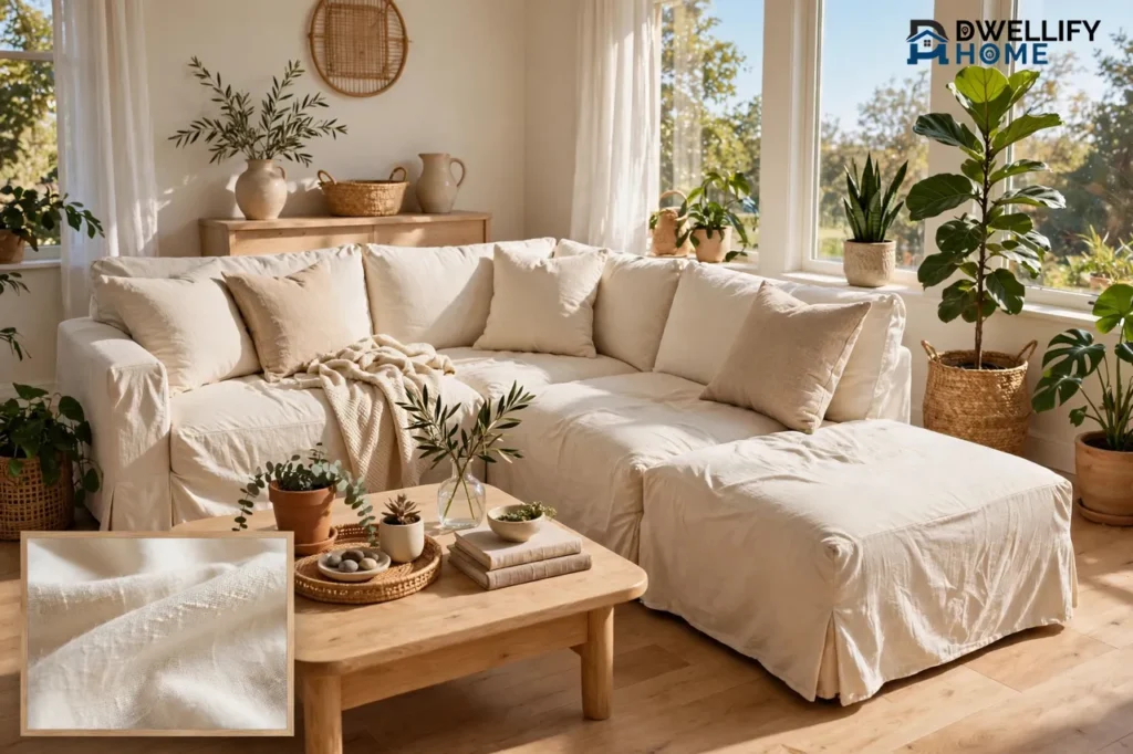 Light cream washable slipcovered modular sectional sofa in a bright living room, with a magnified inset showing the soft slipcover fabric texture