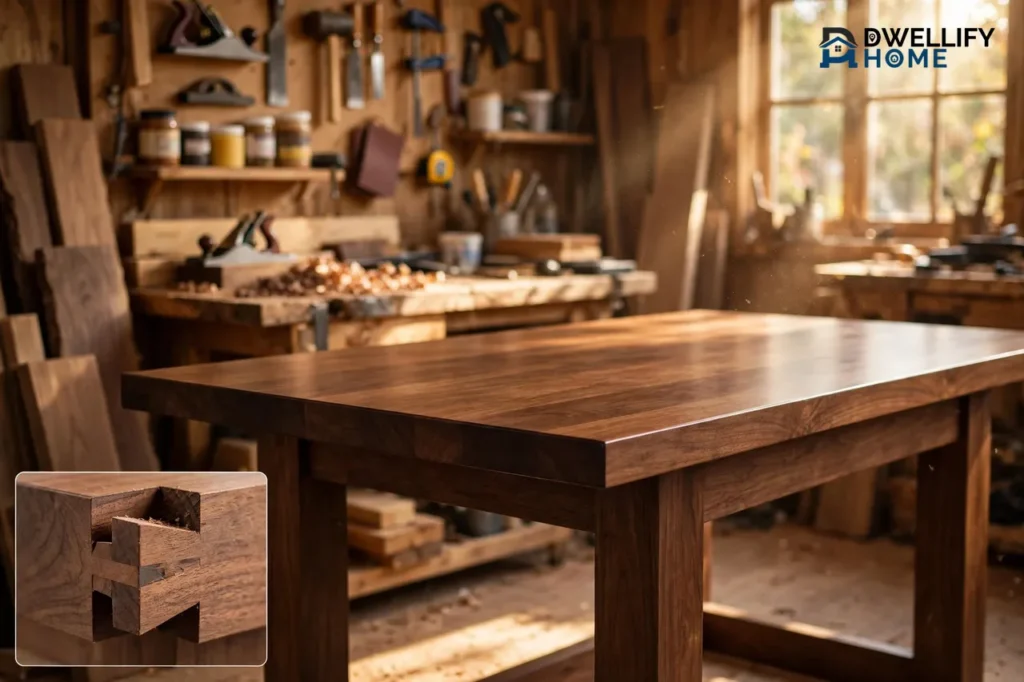 Finished handcrafted walnut dining table in a warm sunlit woodworking workshop with tools and wood planks behind it, with a magnified inset of a tight dovetail joint in the bottom-left corner