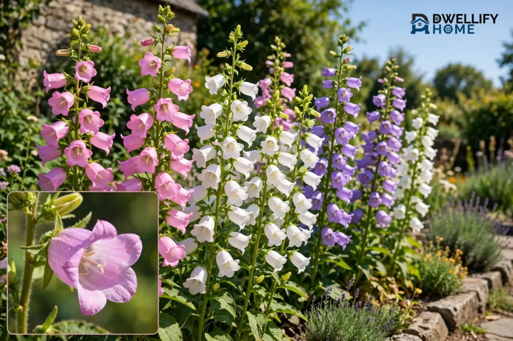 Tall pink, white and purple Canterbury bell flowers in a sunny cottage garden, with a close-up inset of a single pink bell flower at the bottom left