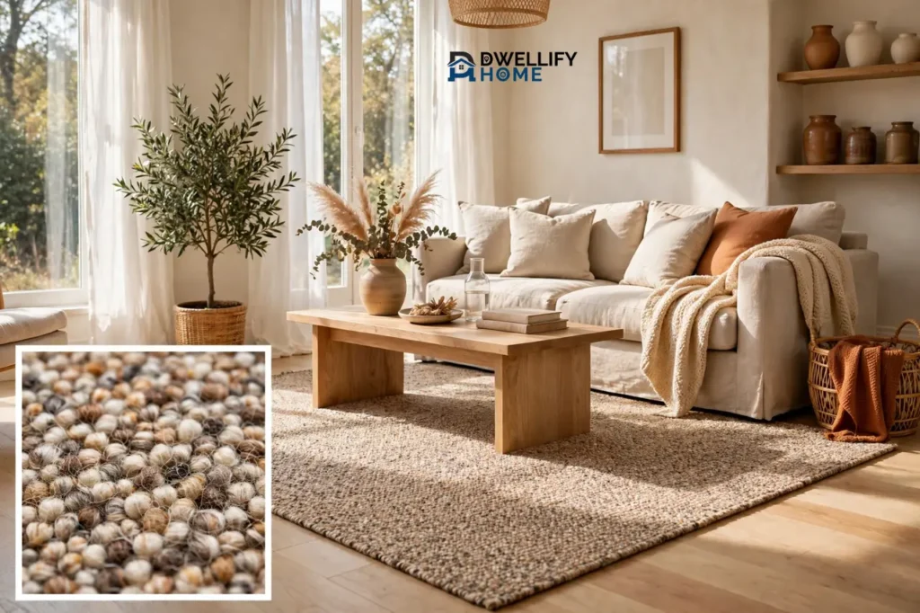 Sunlit living room with a low-pile speckled wool-blend rug in warm fawn tones under a coffee table, with a magnified inset showing the speckled woven texture up close