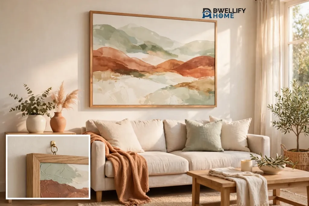 Large abstract landscape artwork in sage and terracotta hung over a light sofa in a bright living room, with a bottom-left close-up inset of the frame and hanging detail, and the Dwellify Home logo at the top right.