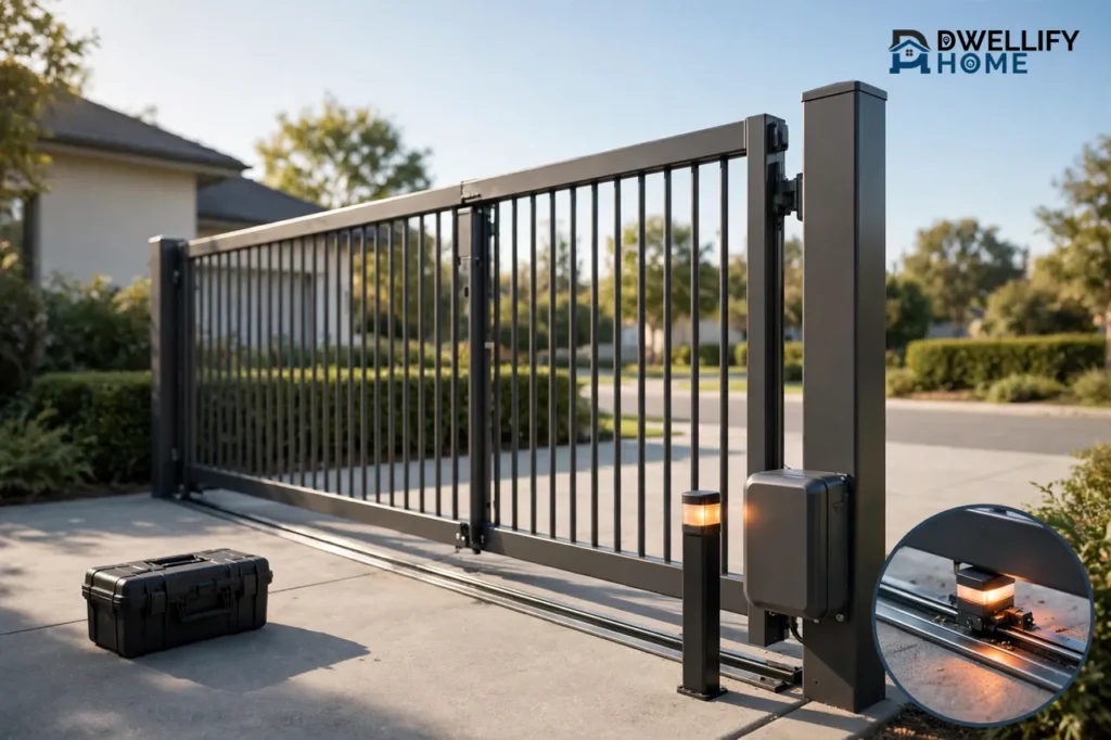 Driveway sliding gate with motor box, track and glowing sensor post, track and sensor inset