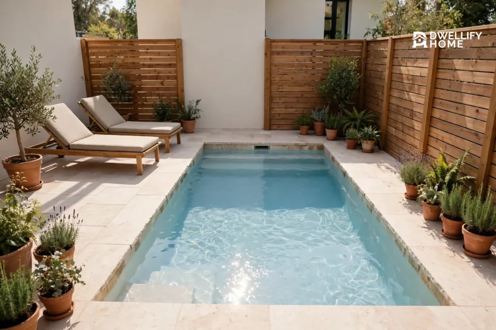 Compact plunge pool in a small fenced yard with loungers and potted plants