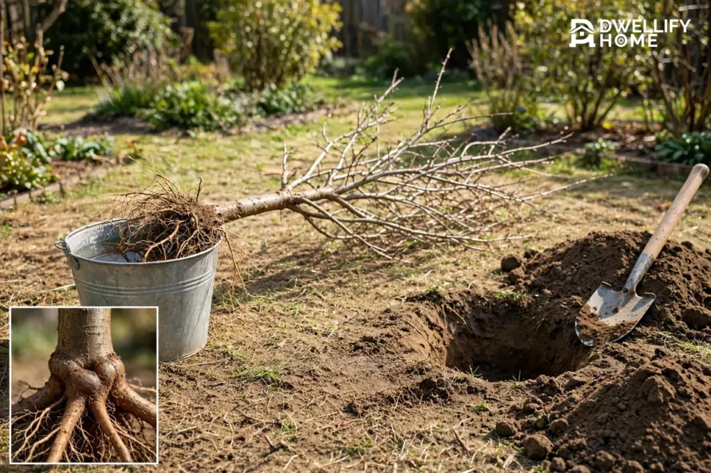 Dormant bare-root tree with exposed root tangle soaking in a bucket beside a dug planting hole, with a root flare and graft union close-up