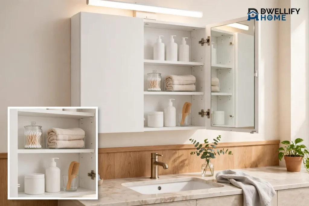 White wall-mounted bathroom mirror cabinet with its mirrored door open showing neat shelves of toiletries above a sink, with a magnified close-up of the cabinet shelves in the bottom-left corner