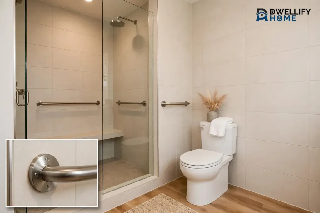 Bright tiled bathroom with stainless steel grab bars in a walk-in shower and beside a toilet, with a magnified close-up inset of a grab bar wall mount fixed to tile in the bottom-left corner