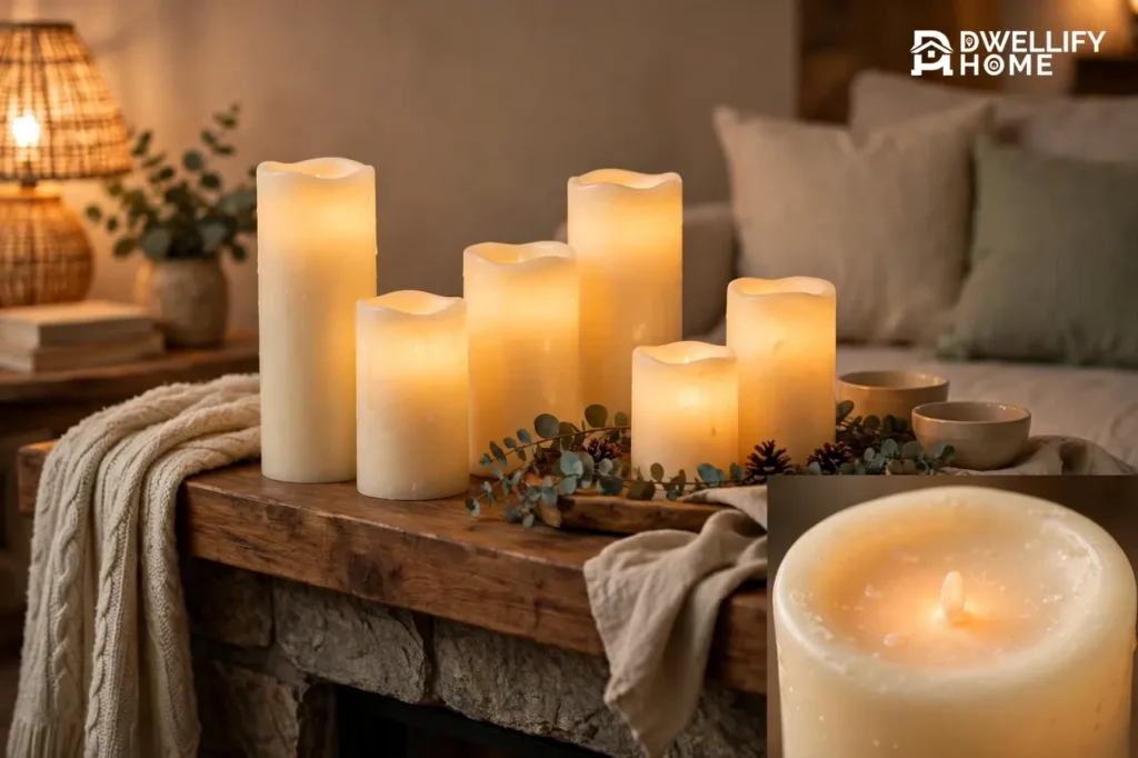 Flameless LED pillar candles in ivory wax-look shells glowing warmly on a wooden mantel, with a close-up inset of one glowing LED wick tip