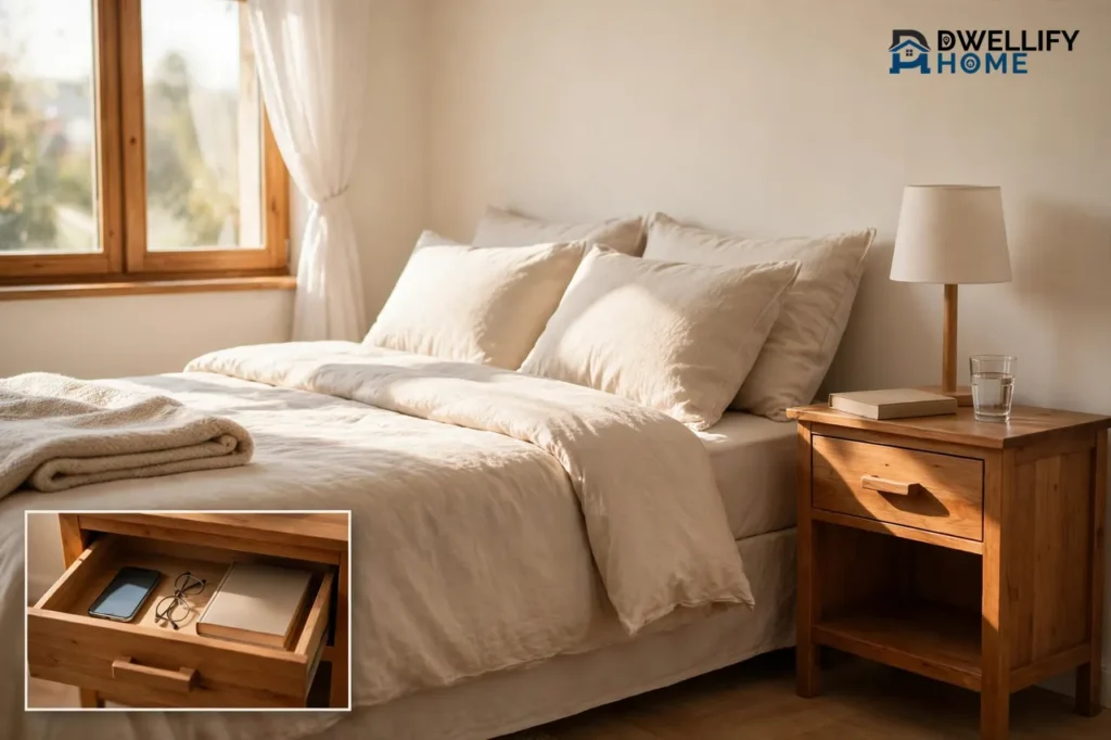 Sunlit bedroom with a wooden bedside cabinet beside a neatly made bed, lamp, book and glass of water on top, and a bottom-left magnified inset showing the open drawer holding a phone, glasses and a book