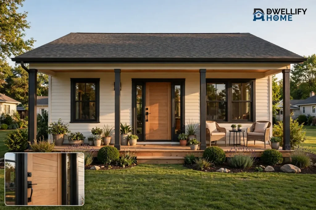 Transformed single-story ranch house exterior with fresh light siding, dark window trim, expanded front porch with wooden door, and neat landscaping, with a close-up inset of the new front door