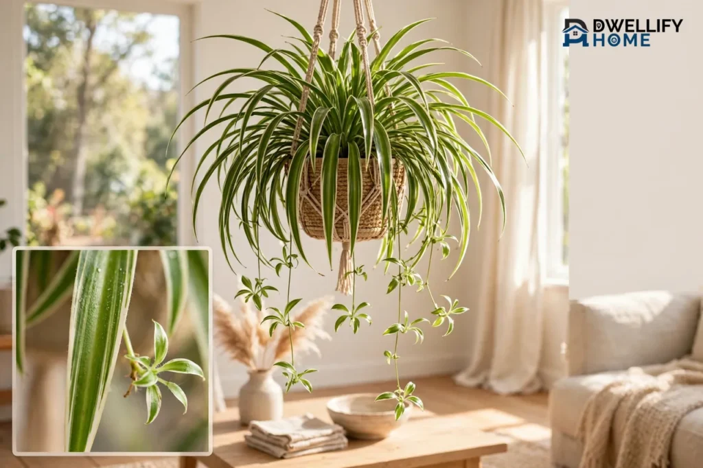 A healthy hanging spider plant with arching variegated leaves and dangling baby spiderettes in a bright living room, with a close-up inset of a variegated leaf and a small plantlet at the bottom left